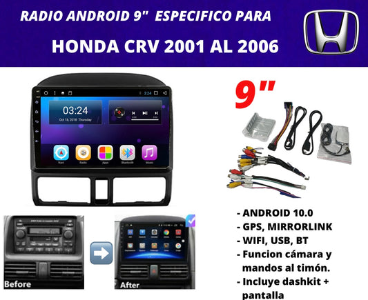 Combo Honda CR-V 2001-2006 | Radio de pantalla Android 9 pulgadas + dashkit original