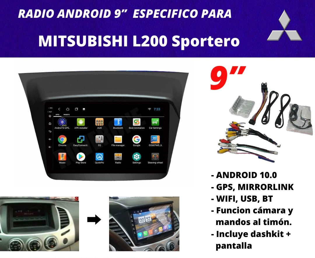 Combo Mitsubishi L200 Sportero | Radio de pantalla Android 9 pulgadas + dashkit original