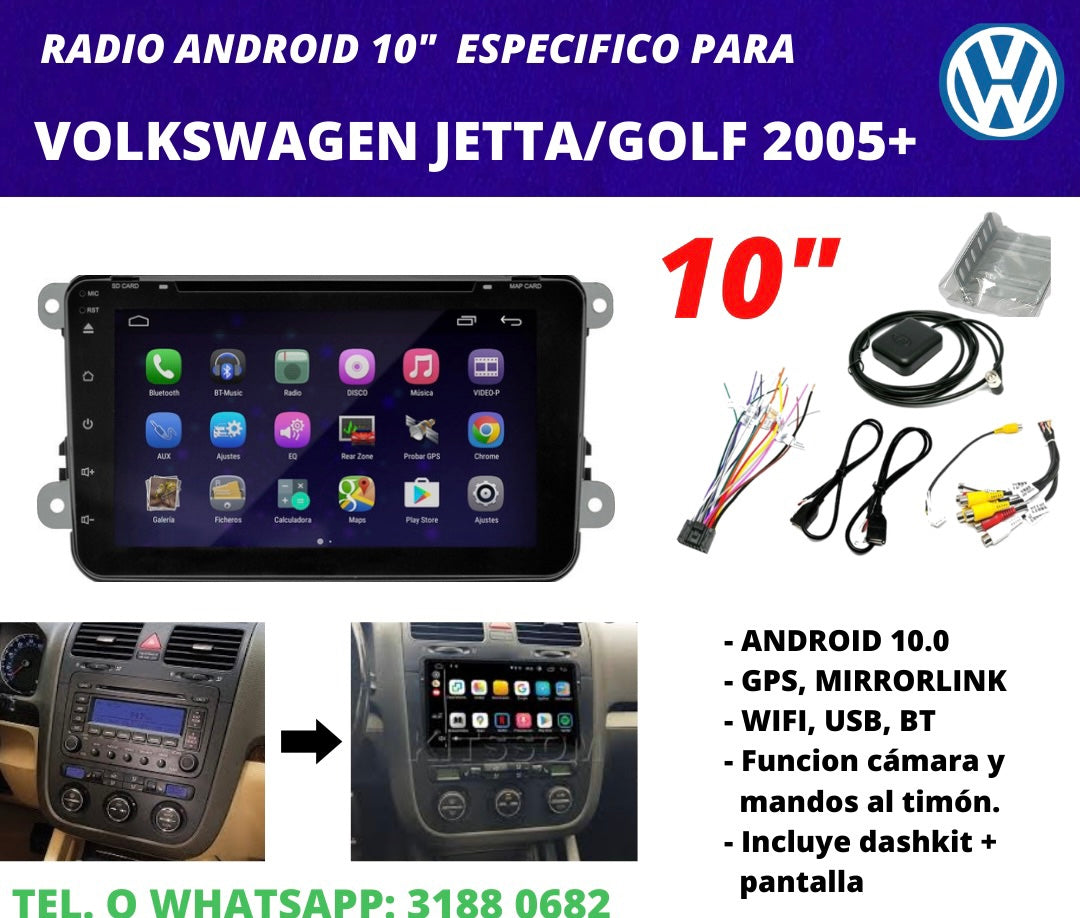Combo Volkswagen Jetta/golf 2005+ | Radio de pantalla android 10 pulgadas + dashkit original