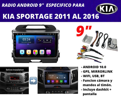 Combo Kia Sportage 2011-2016 | Radio de pantalla android 9 pulgadas + dashkit original